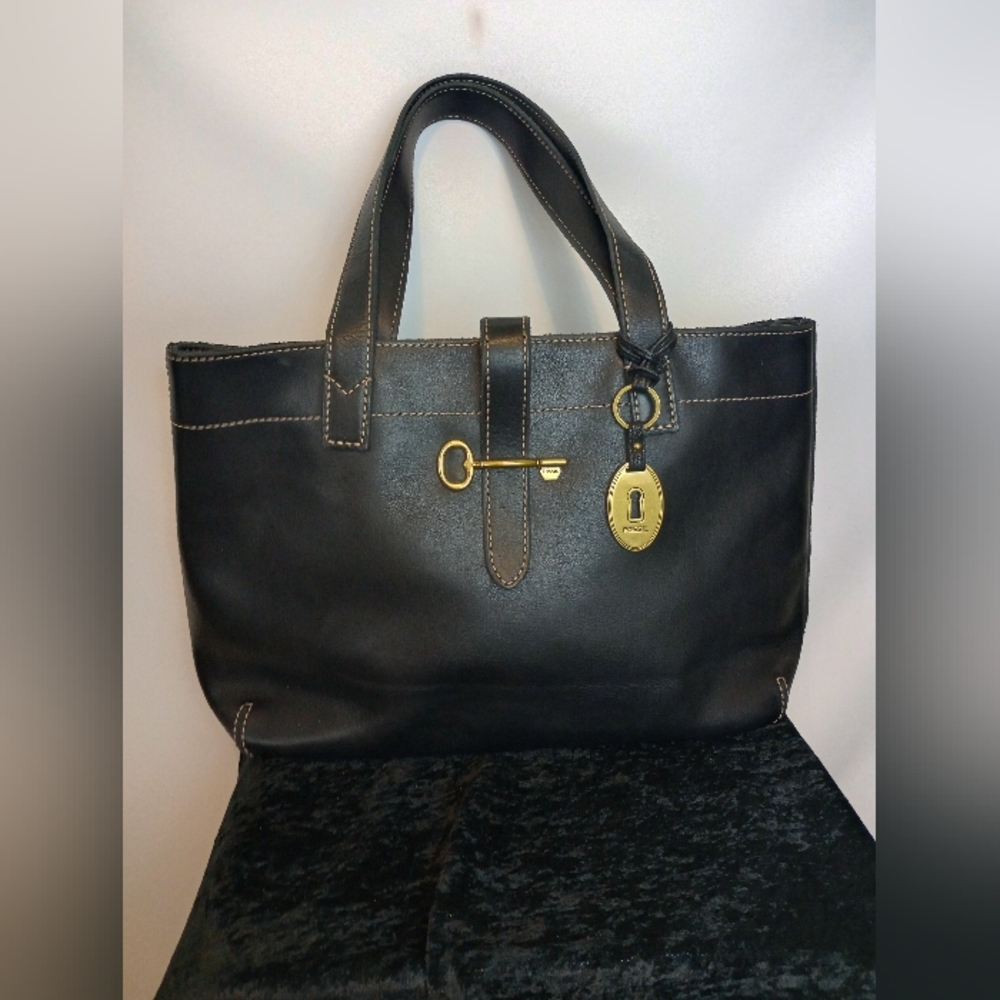 Fossil Black Leather Tote Computer Bag